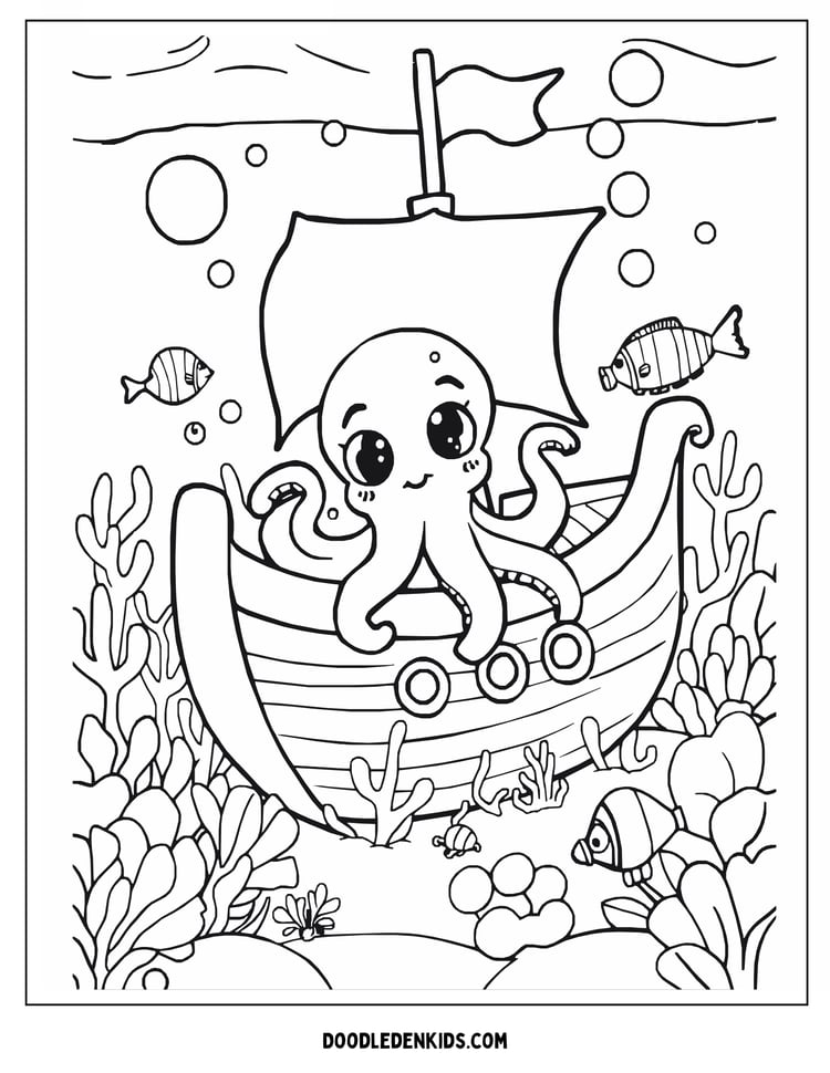 Curious octopus peeking into a sunken treasure ship surrounded by fish and bubbles. Friendly cartoon ocean scene.
