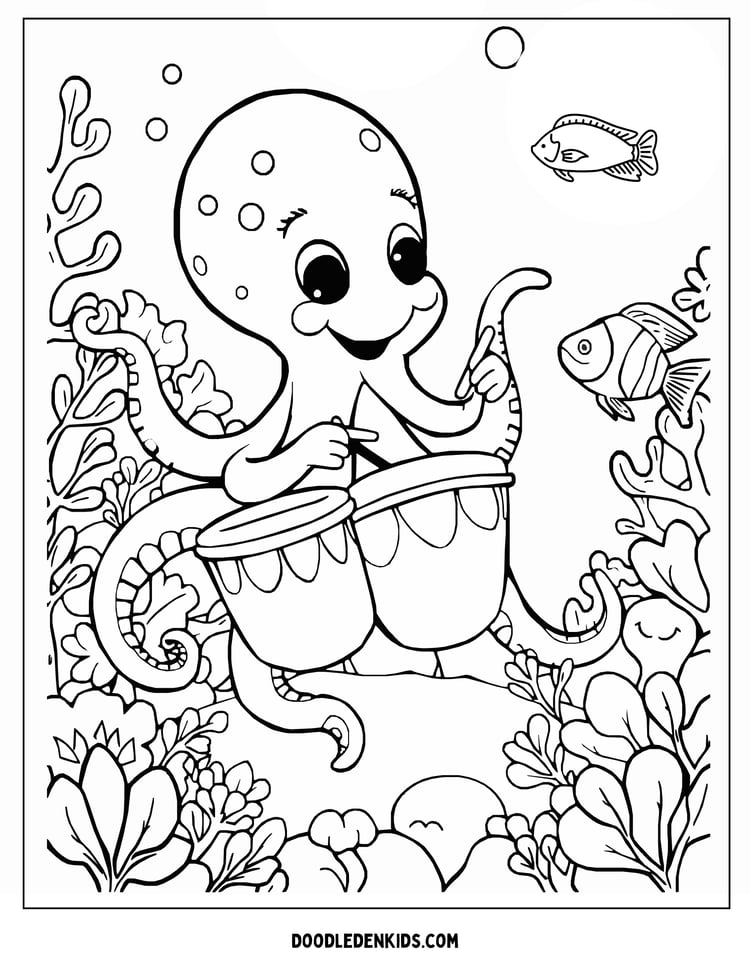 Octopus playing seashell drums with fish playing along, coral reef background. Happy, musical underwater illustration.