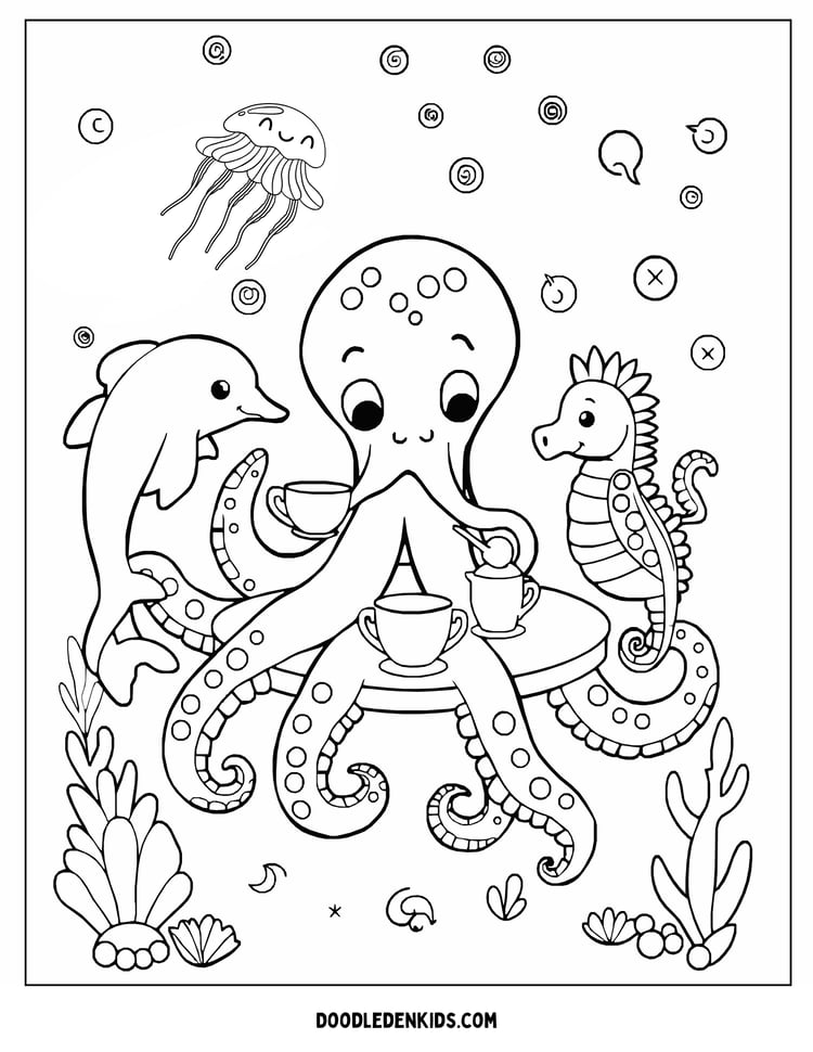 Dive under the sea for a charming octopus tea party with dolphins and seahorses! Perfect for kids and adults who love ocean-themed coloring fun.