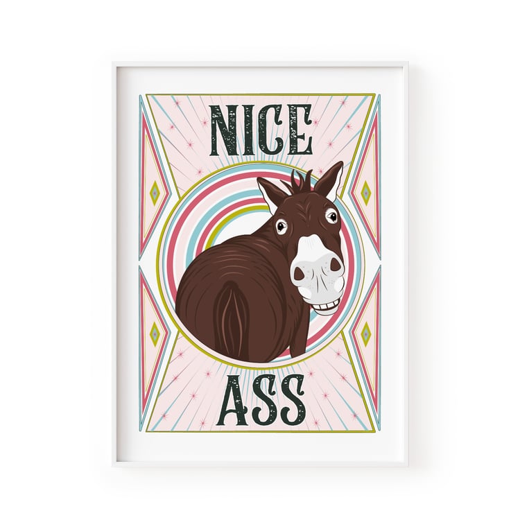 Funny bathroom wall art print featuring a bold illustrated donkey with the phrase Nice Ass.
