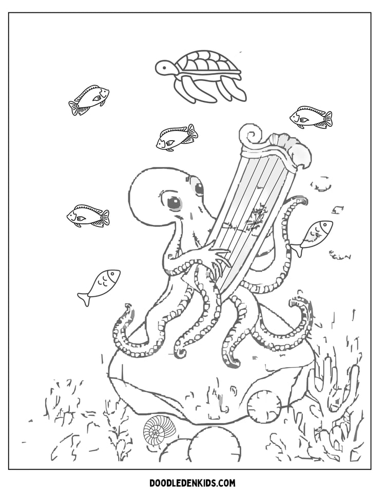 Enchanted Octopus Playing a Harp – Free Coloring Page