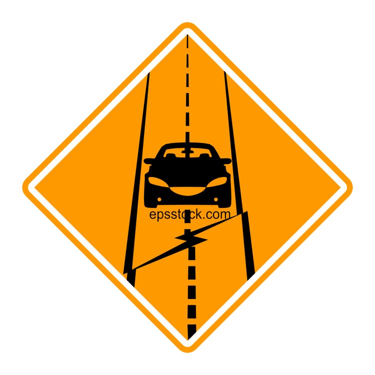 warning sign, damaged road