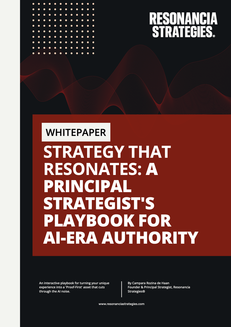 Cover of “Strategy That Resonates: A Principal Strategist’s Playbook for AI-Era Authority” by Campara Rozina de Haan, Resonancia Strategies, introducing the Proof-First framework.
