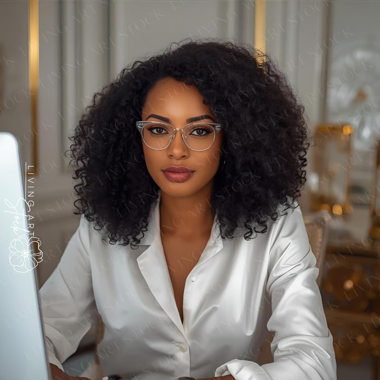 A sophisticated and professional portrait of a young Black businesswoman with curly hair wearing clear frame glasses and a white satin blouse. She is seated at a desk, looking directly at the camera with a serious, confident, and focused expression, sugge