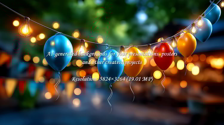 Capture the magic of any celebration with this vibrant scene featuring colorful balloons and warm, glowing string lights. Perfect for evoking joy and festive spirit in your projects.