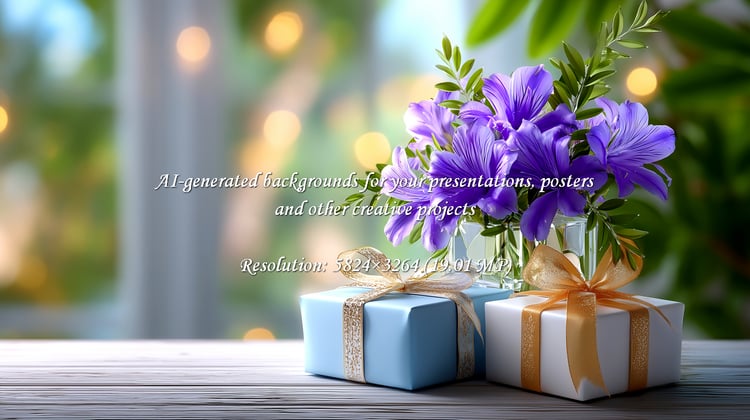 Capture the essence of joy and elegance with this stunning arrangement of purple flowers and beautifully wrapped gift boxes, ideal for conveying warmth and celebration.