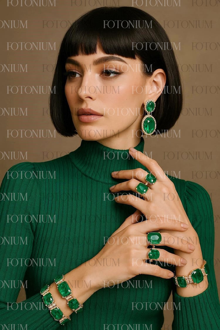 Elegant Woman Wearing Luxury Emerald Jewelry Set - Fashion Photography 2 Images
