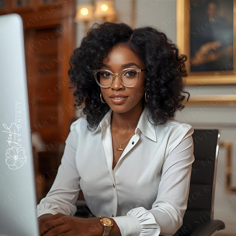 A close-up, well-lit portrait of an elegant, professional Black woman with curly, dark hair and stylish gold-rimmed glasses. She is seated at an office desk in what appears to be a luxurious, traditional office setting, looking directly at the camera with