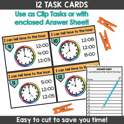 Telling Time Worksheets Time to the Hour Task Cards Analog and Digital Clocks