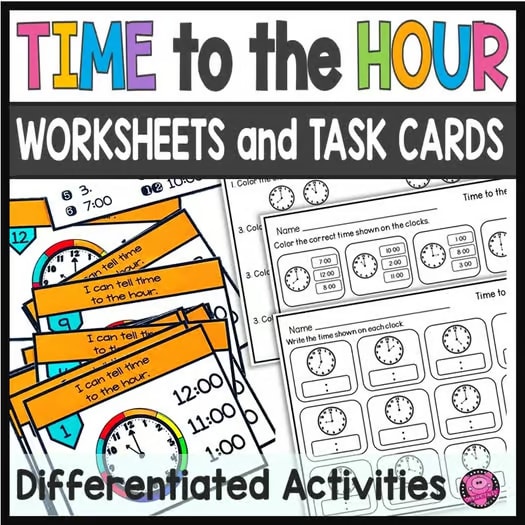 Telling Time Worksheets Time to the Hour Task Cards Analog and Digital Clocks