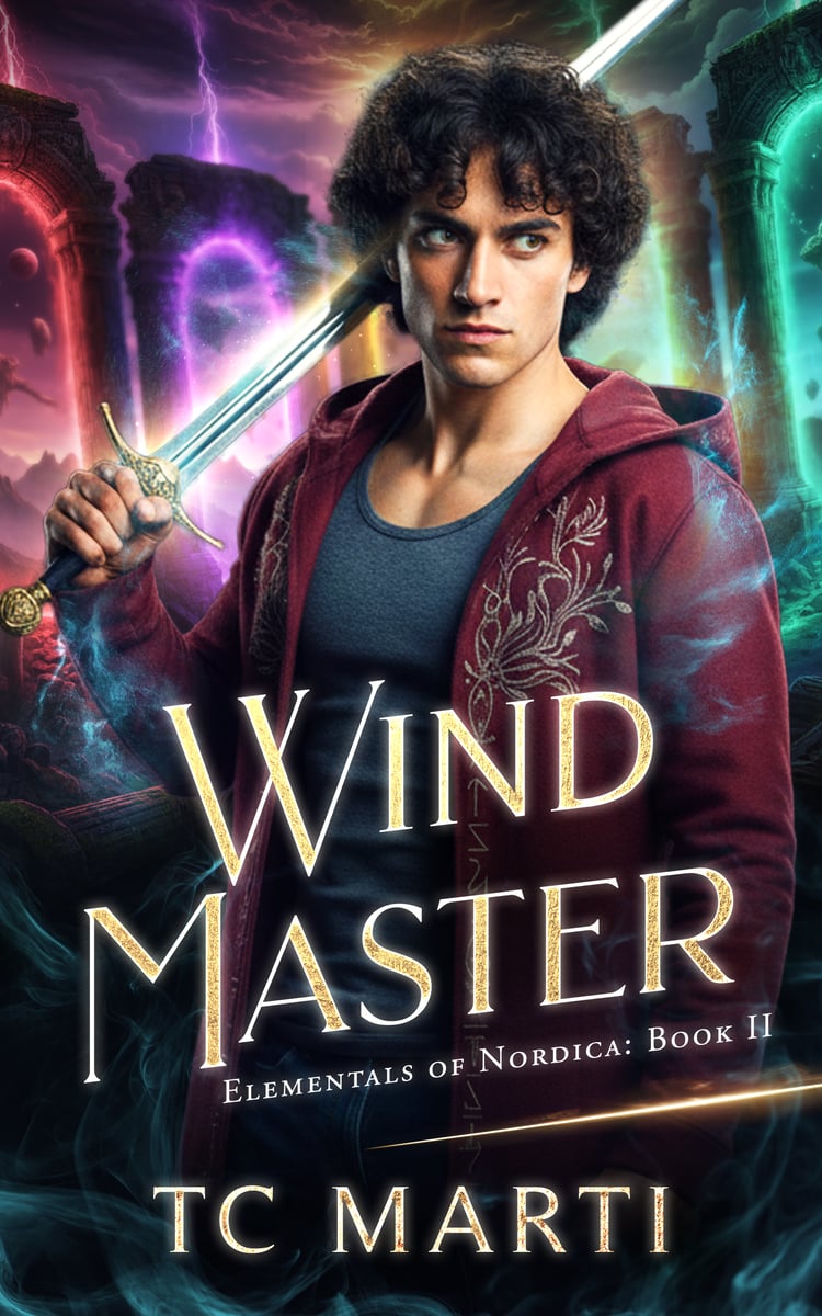 Wind Master by TC Marti. A man with olive skin and thick hair stands with a sword, wearing a fierce expression.