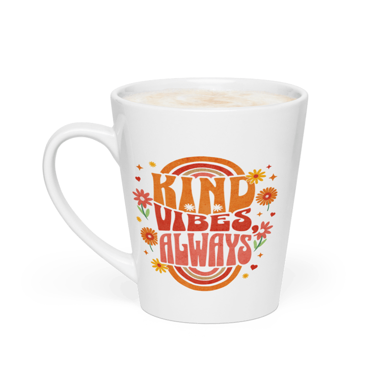 White ceramic latte mug with retro typography that says “Kind Vibes, Always.”