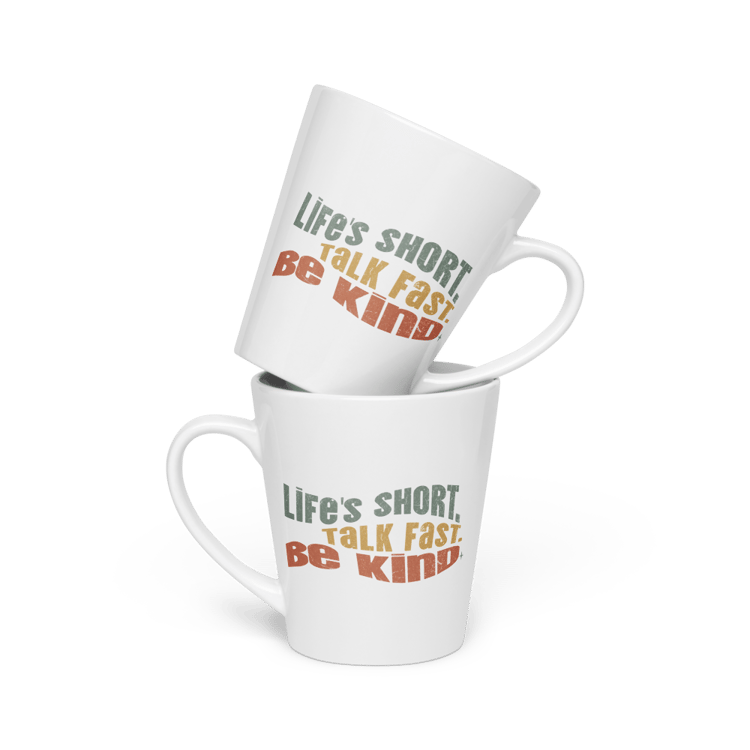 Life’s Short, Talk Fast, Be Kind ceramic latte mug. Retro wrap-around design, dishwasher safe. A fun gift for coffee lovers and fast-talkers.