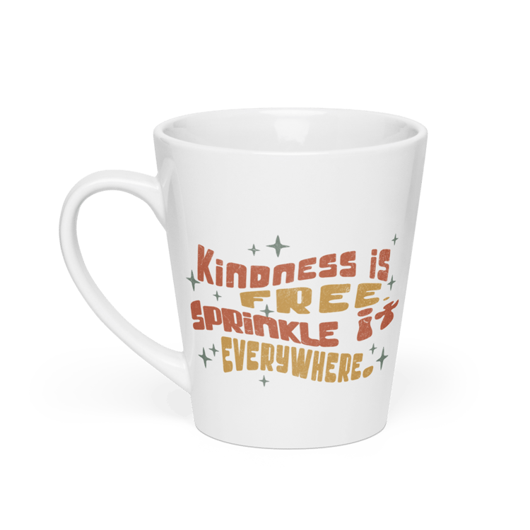 Kindness is Free Sprinkle it Everywhere latte mug. Retro design. Encouraging daily reminder.