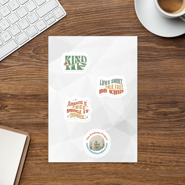 Kindness sticker sheet set with 7 retro designs. Weather-resistant vinyl. Perfect for laptops, journals, and water bottles.