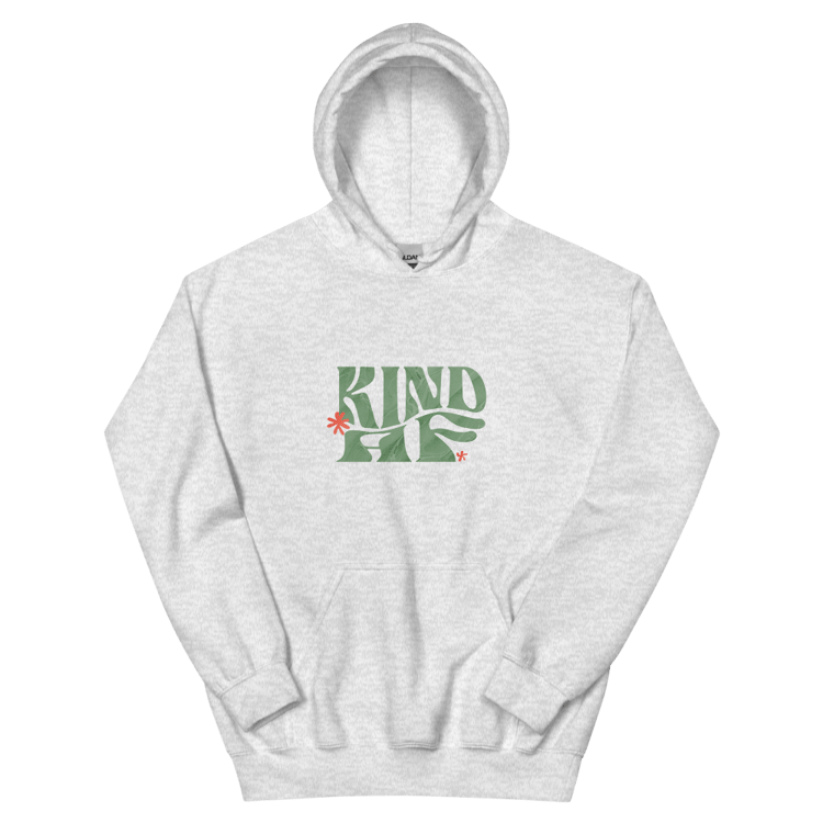Unisex heather grey hoodie with The Tethered Lines The Kindness Project "Kind AF" message in retro lettering