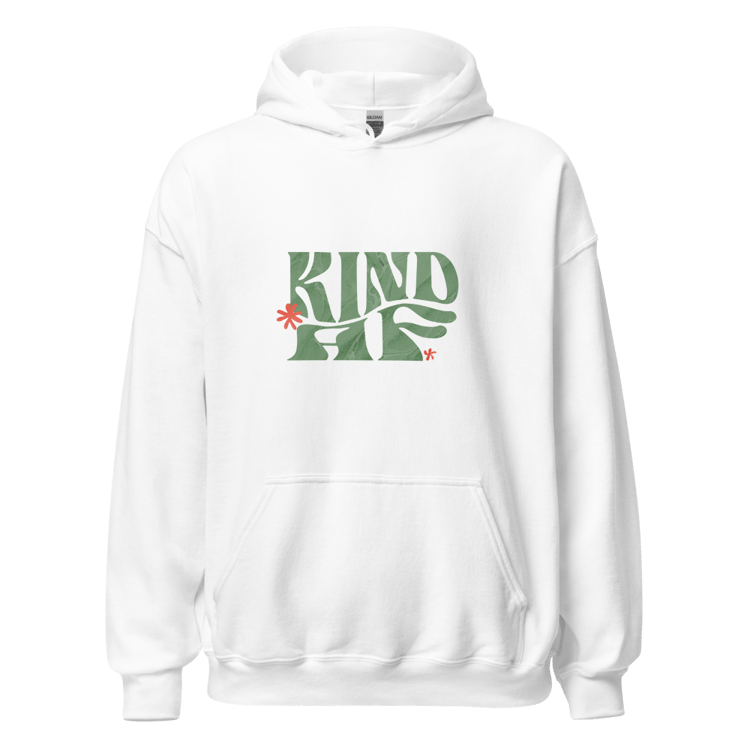 Unisex white hoodie with The Tethered Lines The Kindness Project "Kind AF" message in retro lettering.
