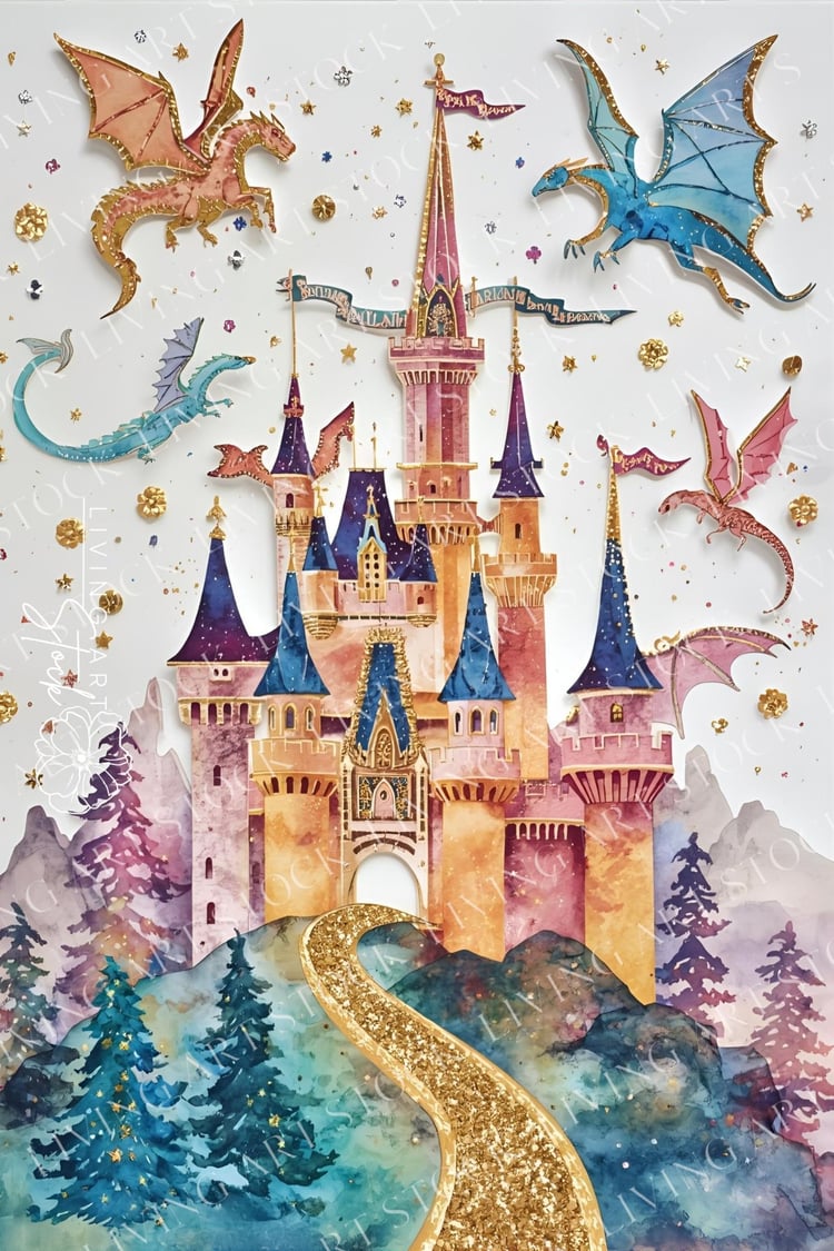 A whimsical and enchanting vertical illustration of a majestic, multi-turreted fantasy castle set against a white background. The castle is painted in soft watercolor hues of pink, gold, and lavender, with deep blue rooftops and spires, suggesting a dream
