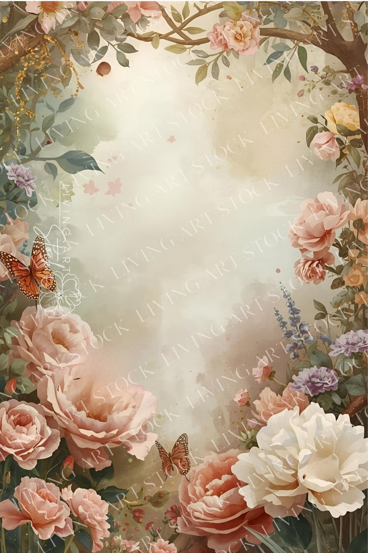 A delicate and romantic vertical image featuring a beautiful, natural floral frame surrounding a soft, light center perfect for copy space. The borders are filled with lush, painterly watercolor illustrations of various flowers, primarily large peonies an