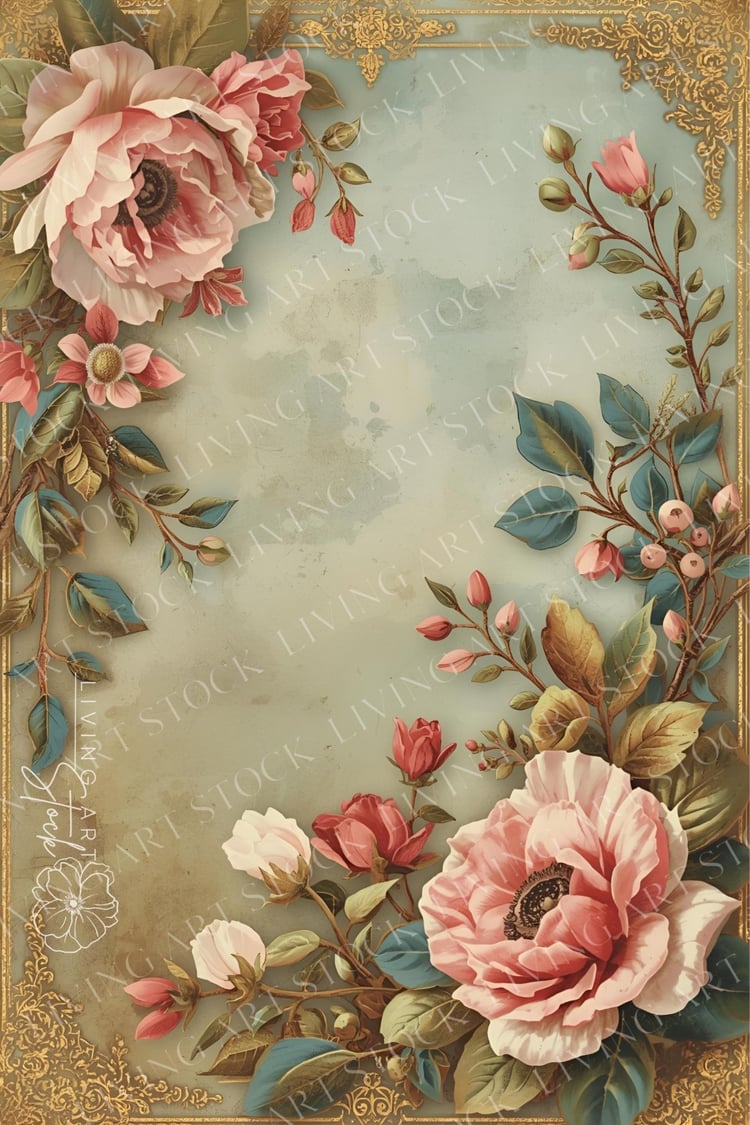A highly decorative vertical background image featuring an antique-inspired composition of blush pink and deep rose peonies and roses with accompanying foliage, vines, and berries. The floral arrangement creates a natural, lush border around the edges, fr