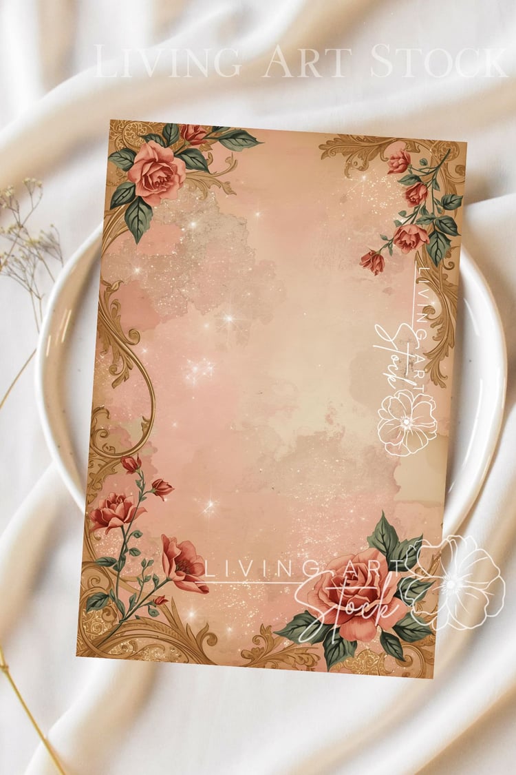 A highly romantic and vertical background image featuring an elegant blend of vintage design elements. The image is framed by a luxurious Baroque or Rococo gold scrollwork border and frame, providing an antique, ornate structure. The border is accentuated