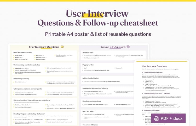 User Interview  Questions & Follow-up cheatsheet - Printable A4 poster & list of reusable questions (PDF + docx)