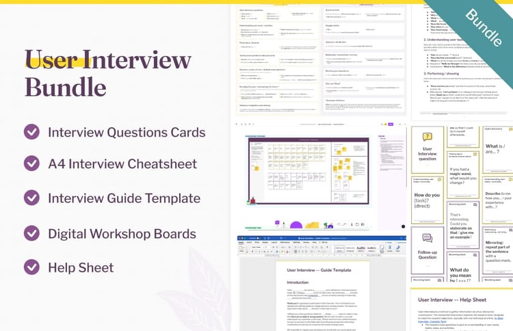 User Interview Bundle: Interview Questions Cards, A4 Interview Cheatsheet, Interview Guide Template, Digital Workshop Boards, Help Sheet