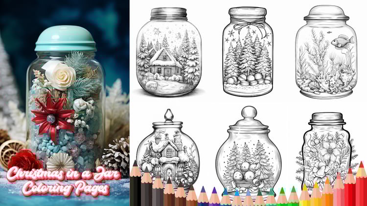 Christmas in a Jar Coloring Pages for Kids & Adults