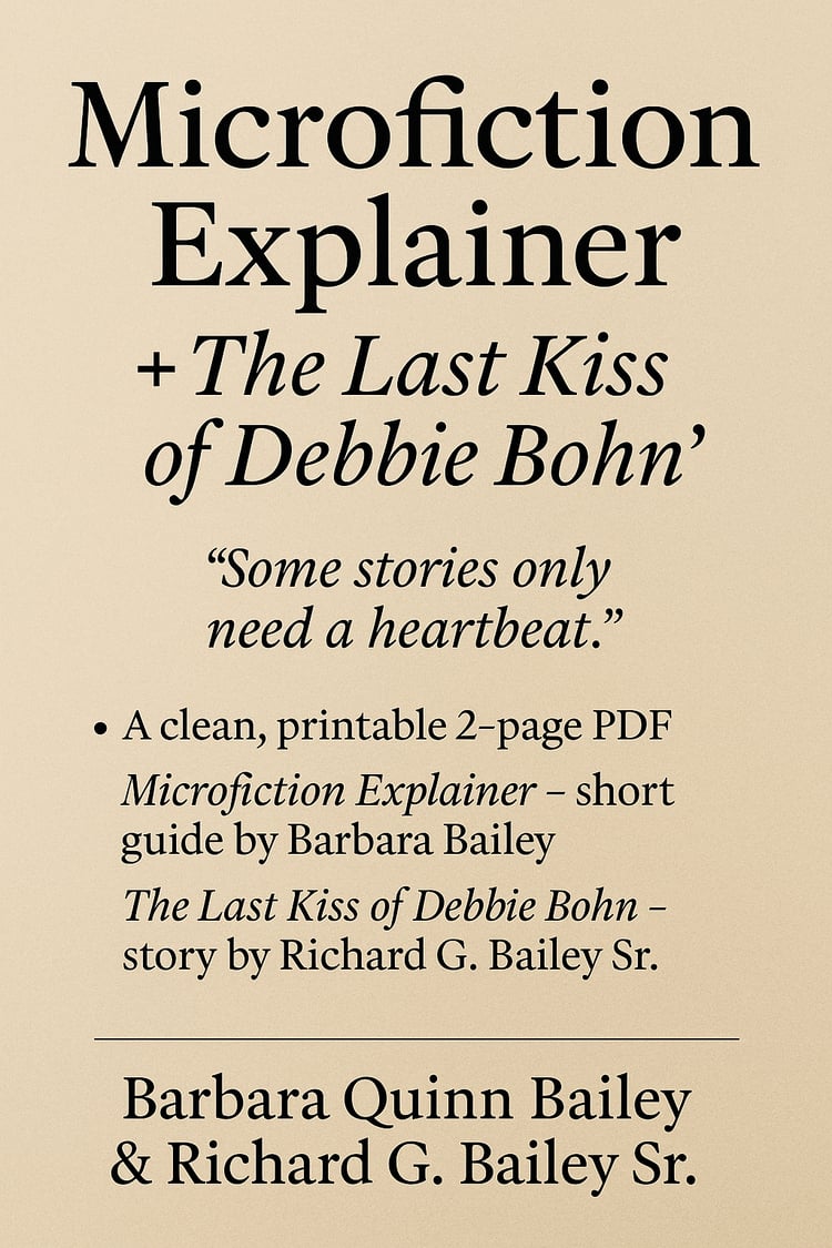 Printable PDF titled Microfiction Explainer featuring the story The Last Kiss of Debbie Bohn by Richard G. Bailey Sr. and Barbara Quinn Bailey. microfiction, flash fiction, short story, literary guide, writing tips, emotional fiction, Barbara Bailey, Cont