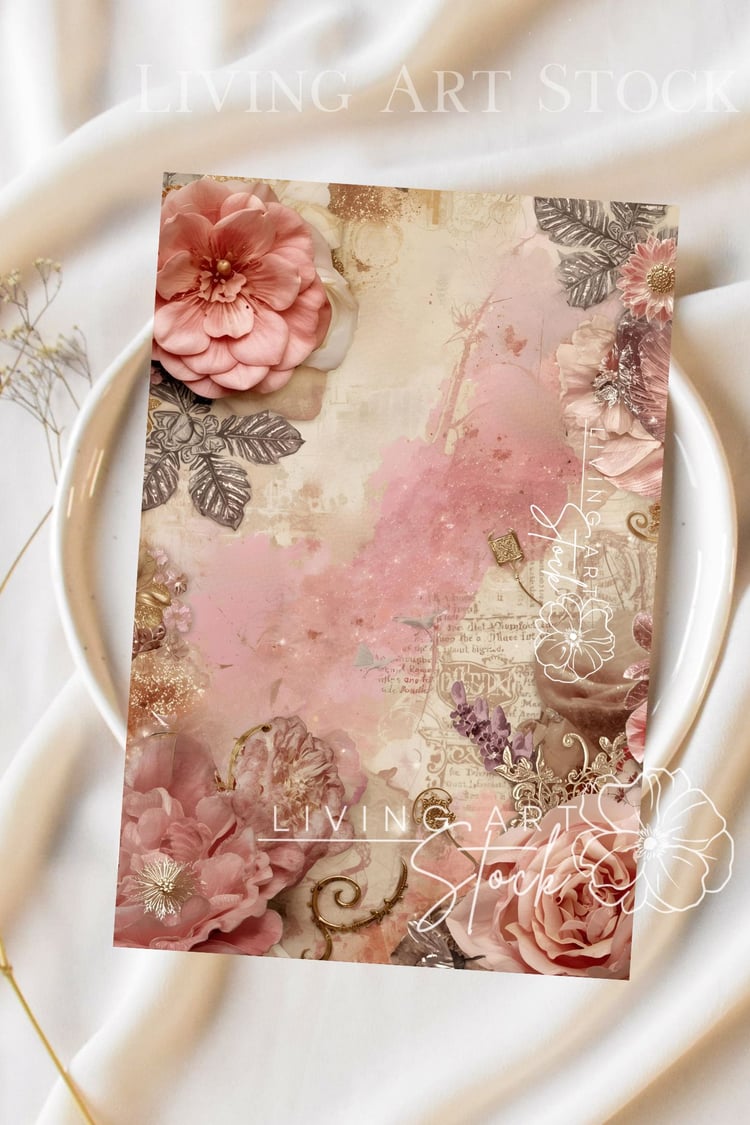 A richly textured, romantic and vintage digital collage featuring a frame of blush pink and dusty rose flowers, including camellias and roses, set against an aged, distressed paper background. The background features subtle script text, old map elements,