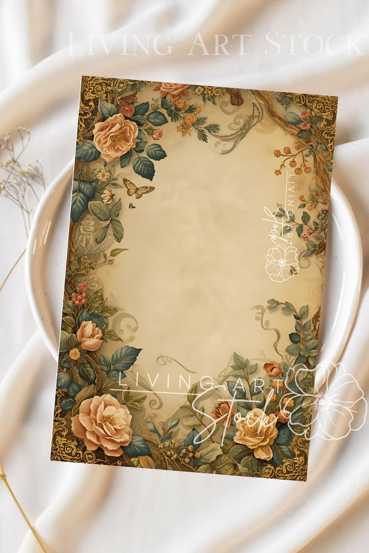 A richly detailed vertical background featuring an enveloping botanical border inspired by classical Chinoiserie or William Morris styles. The frame is densely populated with large peach and apricot colored old garden roses, lush deep green/blue-grey foli
