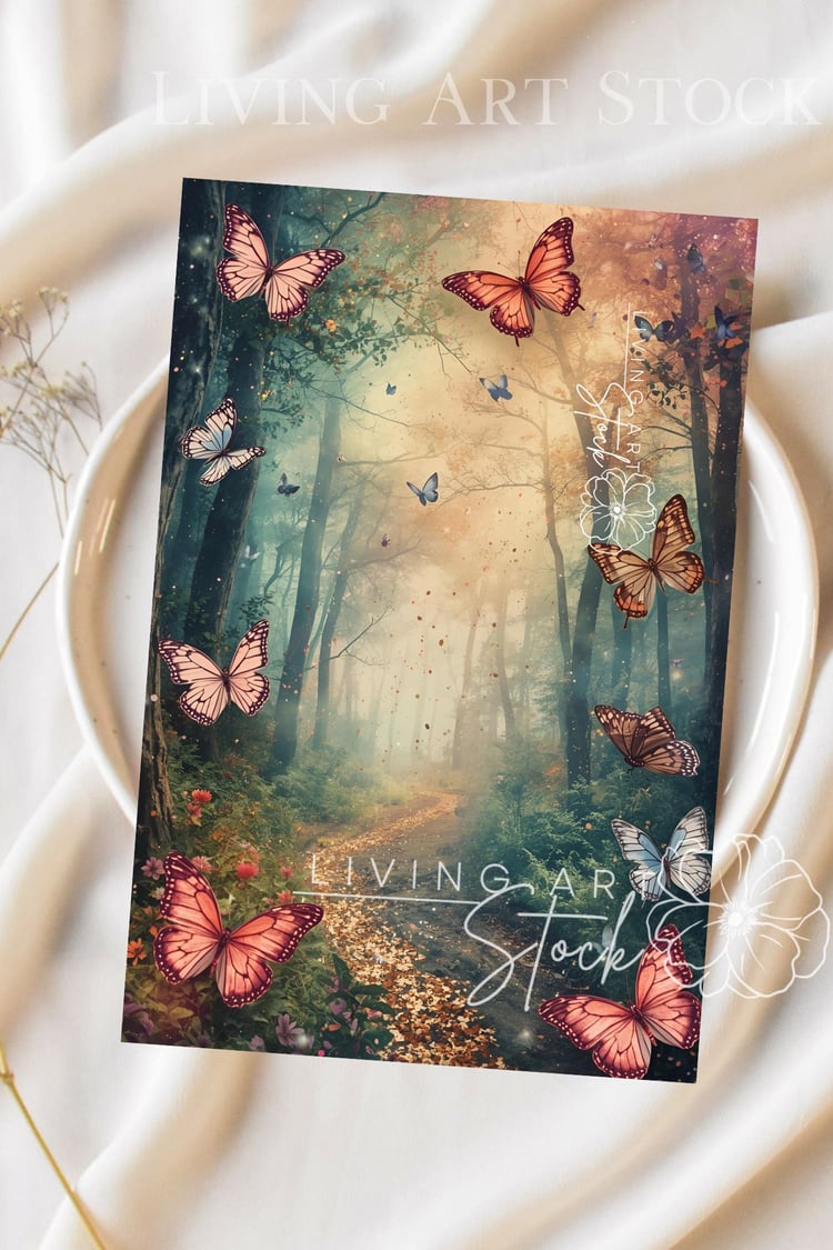 A vertical image depicting a magical, enchanted forest scene with a narrow, leaf-strewn path leading through tall, misty trees. A warm sunlight or sunbeam breaks through the canopy, creating a dreamy and ethereal atmosphere highlighted by shimmering parti