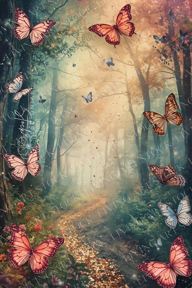 A vertical image depicting a magical, enchanted forest scene with a narrow, leaf-strewn path leading through tall, misty trees. A warm sunlight or sunbeam breaks through the canopy, creating a dreamy and ethereal atmosphere highlighted by shimmering parti