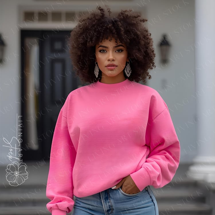 A stylish, medium shot portrait features a beautiful young Black woman with large, voluminous curly hair standing with a confident, slightly serious expression. She is wearing a bold, bright pink or hot pink crewneck sweatshirt and blue denim jeans, with