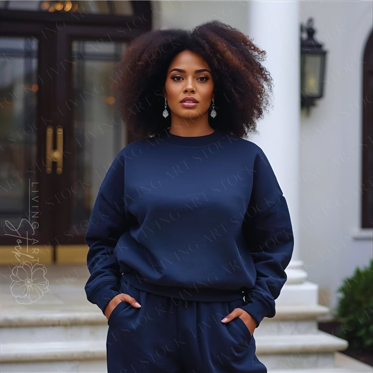 A stylish, formal, medium shot of a beautiful young Black woman with impressive, large natural curly hair standing confidently outdoors. She is wearing a monochromatic set consisting of a navy blue or dark blue crewneck sweatshirt and matching sweatpants 