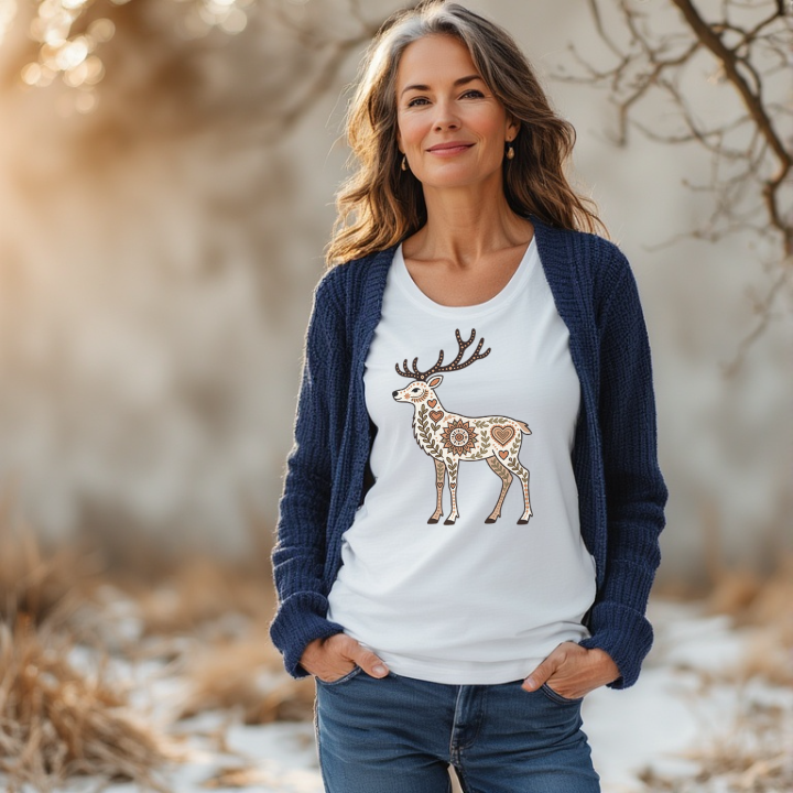 Printable T-Shirt Graphic - Boho Folk Art Reindeer Heart Design