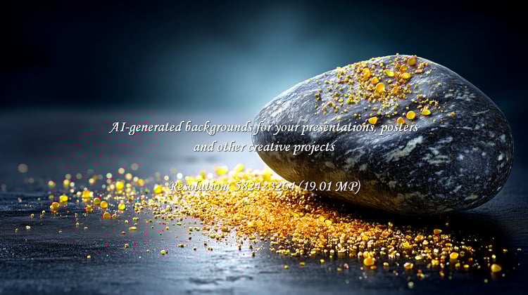 A smooth, dark stone rests on a reflective surface, surrounded by shimmering golden dust. This dramatic scene evokes discovery, wealth, and precious moments, perfect for conceptual projects.