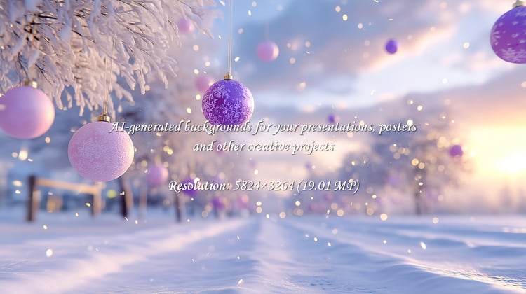 Experience the enchanting beauty of a winter wonderland adorned with pastel ornaments. Soft sunset light bathes a snow-covered landscape, creating a magical, serene atmosphere perfect for holiday and festive themes.