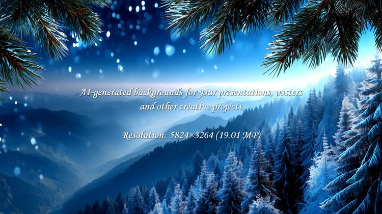 Experience the breathtaking beauty of a winter wonderland with snow-dusted pines cascading down majestic mountains under a serene blue sky, illuminated by magical bokeh lights.