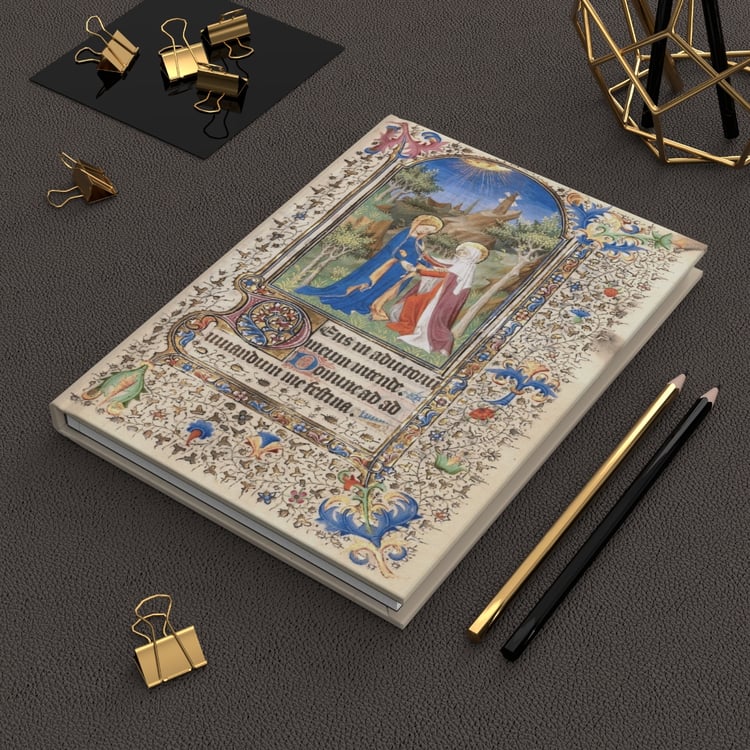 15th-century Book of Hours Visitation miniature surrounded by ornate medieval marginalia