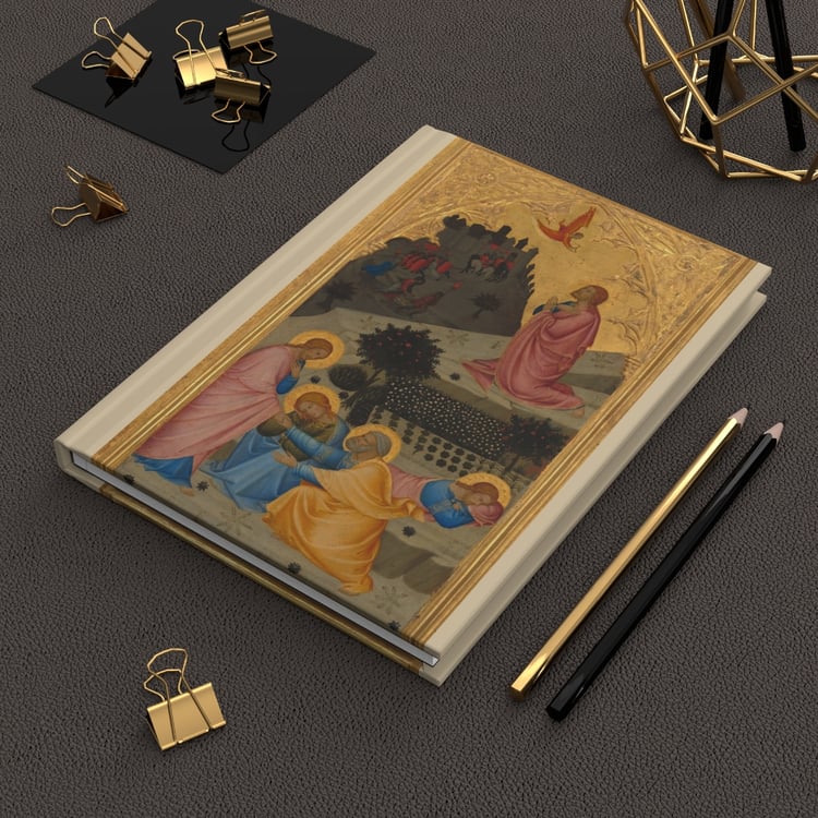 14th-century Italian gilded panel painting  on a hardcover notebook; sacred medieval art.