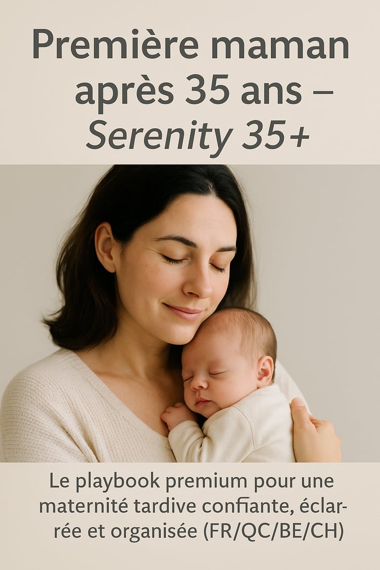grossesse première fois après 35 ans • maternité tardive première bébé • première maman 35 plus guide • guide maternité 35+ • premier enfant après 35 ans eBook • bien-être première maternité 35 plus • charge mentale post-naissance • retour au travail mama