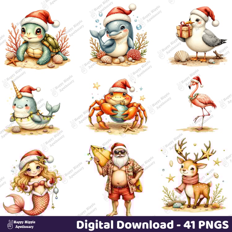 Beach Christmas PNGs featuring Santa with surfboard, penguin, tropical snowmen, wreath, gingerbread beach house, and decorated palm tree