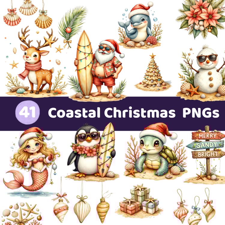 Coastal Christmas clipart with turtle, dolphin, crab, flamingo, narwhal, and seagull in Santa hats – whimsical beach holiday PNGs for sublimation and crafts