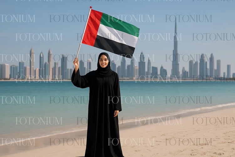 Arab Woman with United Arab Emirates Flag, Dubai Burj Khalifa in the Background, UAE National Day