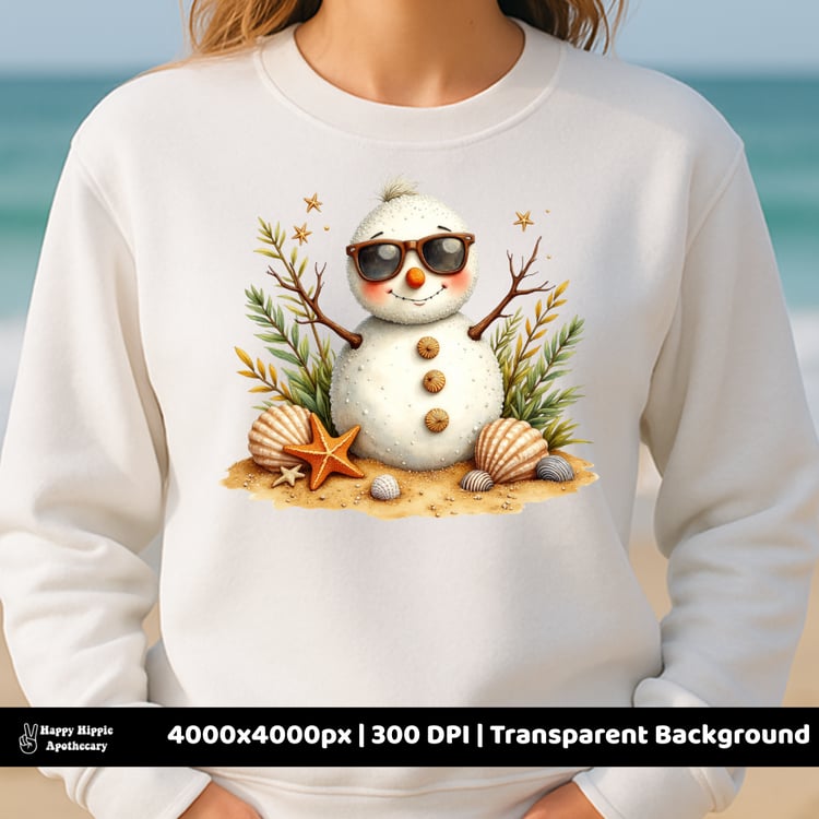 Tropical snowman with seashell buttons on white sweatshirt, beach-themed Christmas PNG for sublimation apparel and small business designs