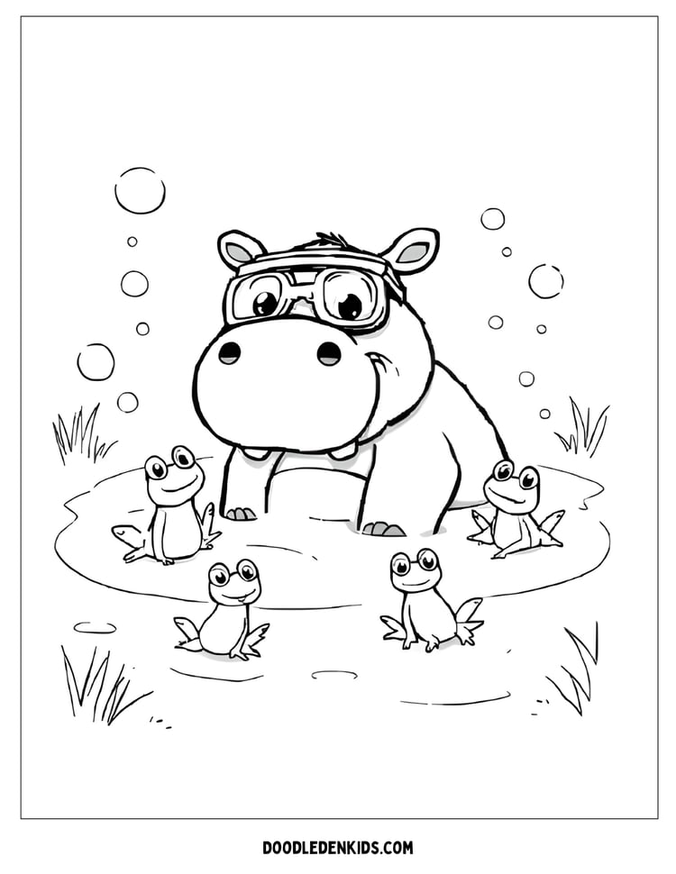 Playful safari hippo splashing in a muddy pond Coloring Page