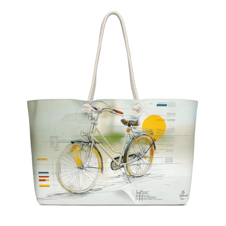 Travel mug in cup holder with the art from The Tethered Line Wheels Collection