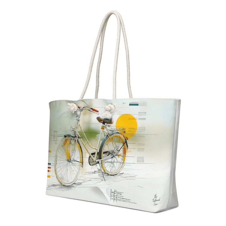 Travel mug in cup holder with the art from The Tethered Line Wheels Collection