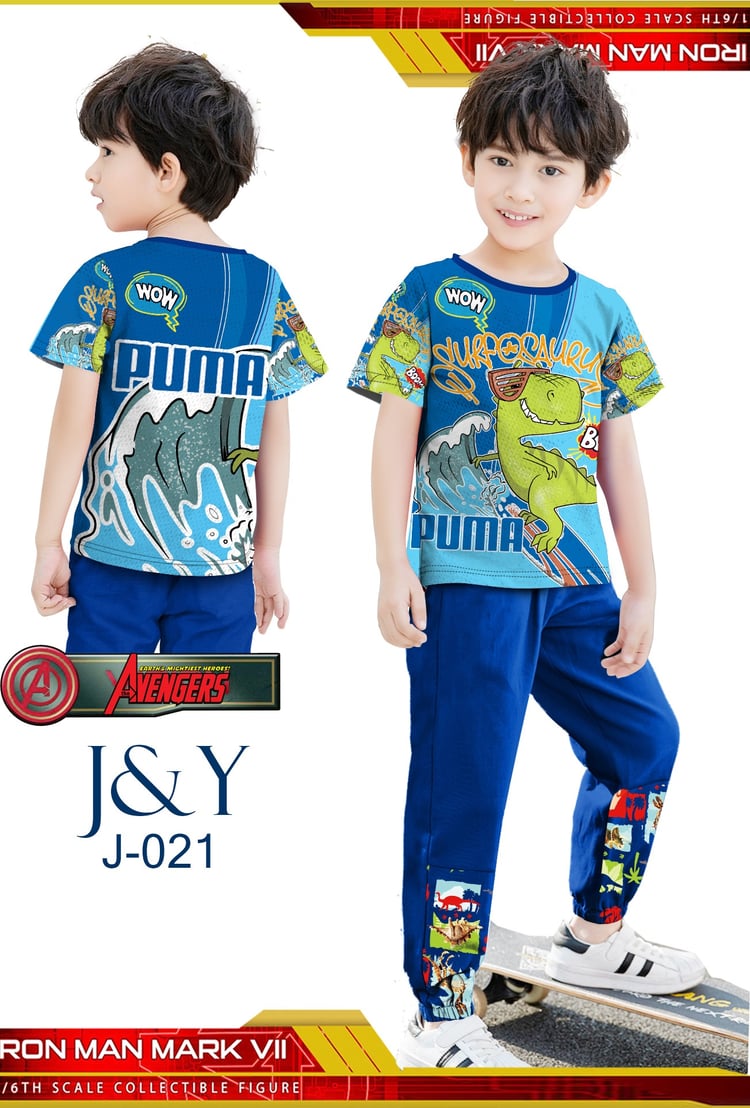 J-021 boys’ dinosaur cartoon top and pants set for everyday casual wear.